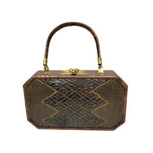 Vintage Handcrafted Bamboo & Wood Box Purse With Gold-Tone Clasp Made in Hawai